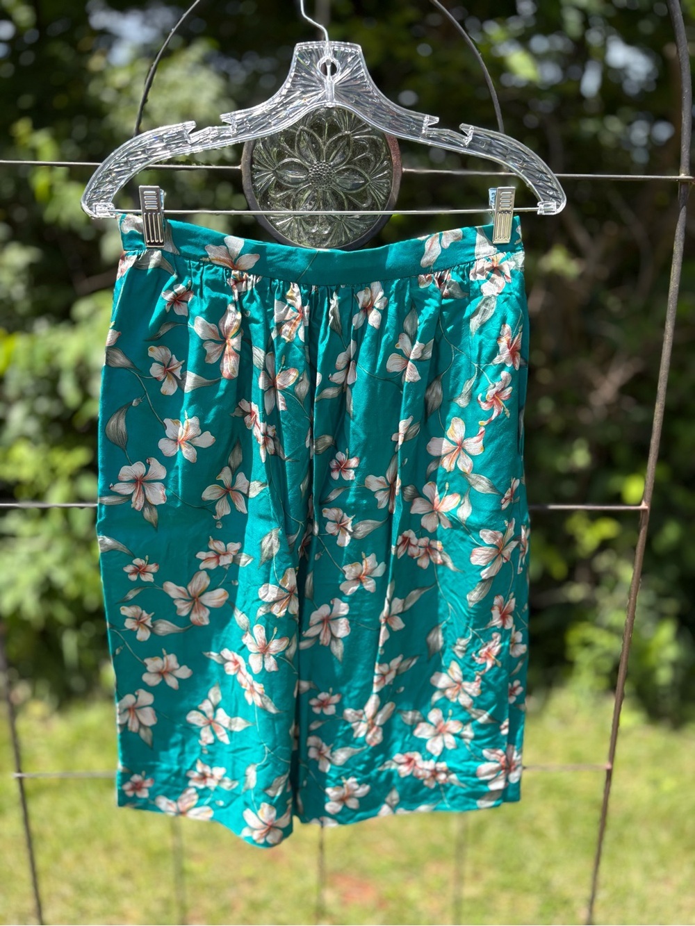Vintage Women’s Floral Teal Midi Skirt Hawaiian Summer Lightweight A-Line Retro - Picture 4 of 12